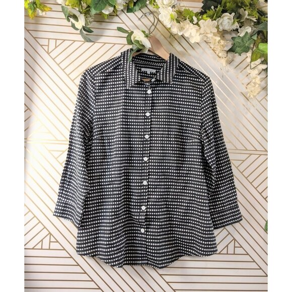 ANNA THOMAS Women's Button Up Collared Blouse Navy Blue White Cotton Size 14 - Picture 1 of 7